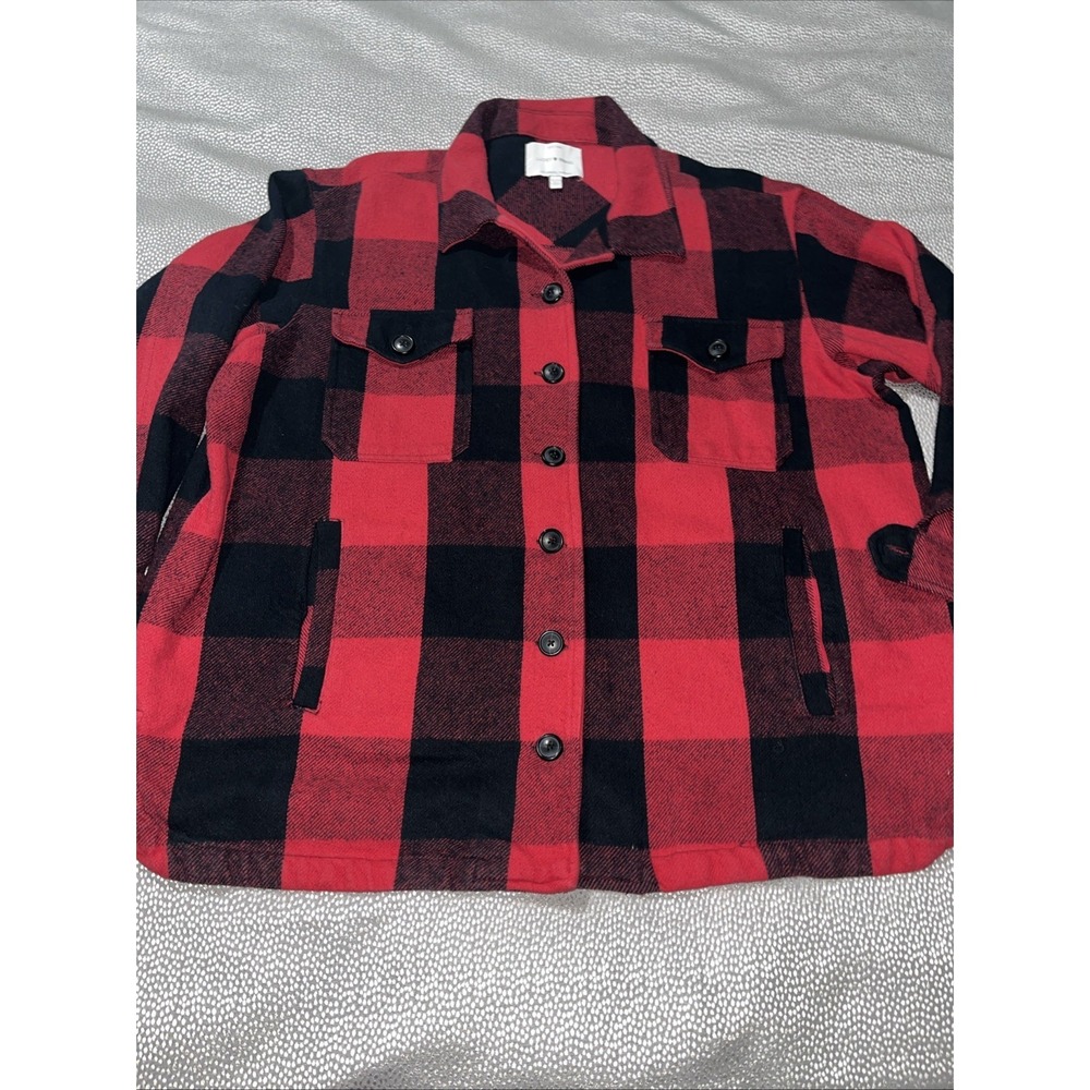Lucky Brand Shacket Womens XL Red Buffalo Plaid Flannel Shirt‎ Jacket 4 Pockets